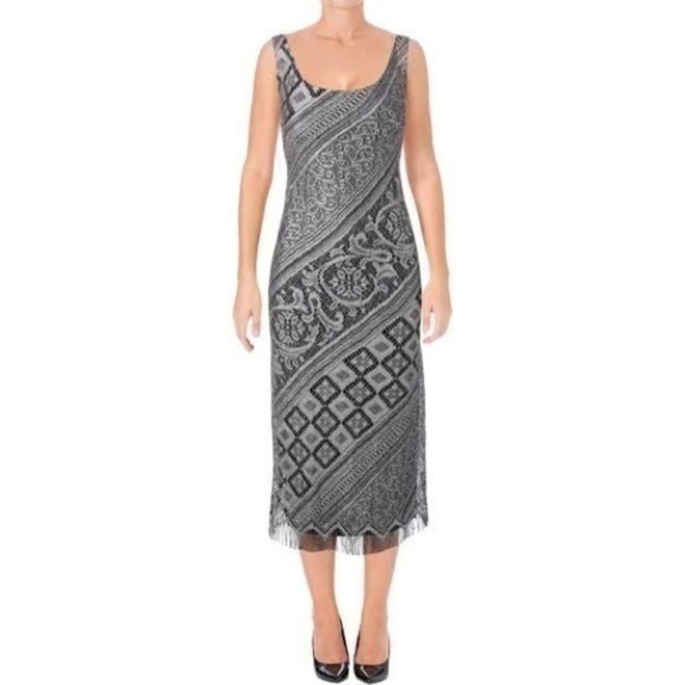 SLNY metallic crochet fringe dress